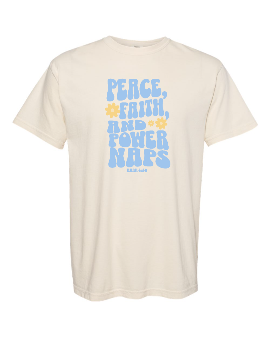 Peace, Faith, and Power Naps – Retro Christian T-Shirt (Mark 4:38)