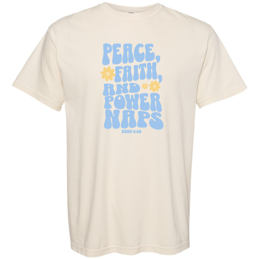 Peace, Faith, and Power Naps – Retro Christian T-Shirt (Mark 4:38)