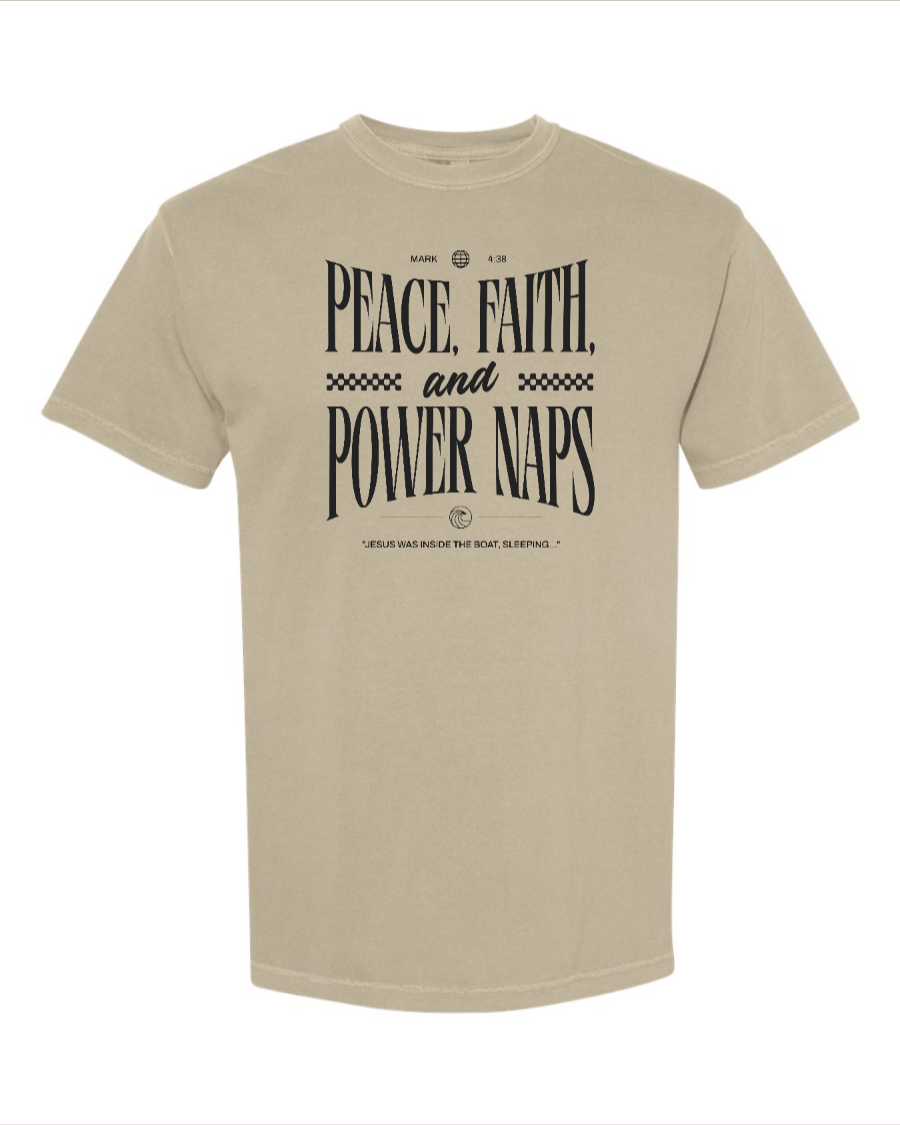 Peace, Faith, and Power Naps – Christian T-Shirt (Mark 4:38)